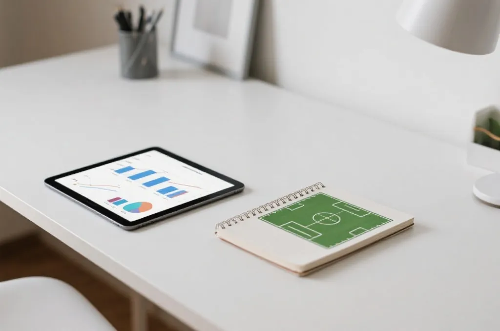 Modern minimalist workspace with tablet showing statistical graphs and notebook with football field diagram